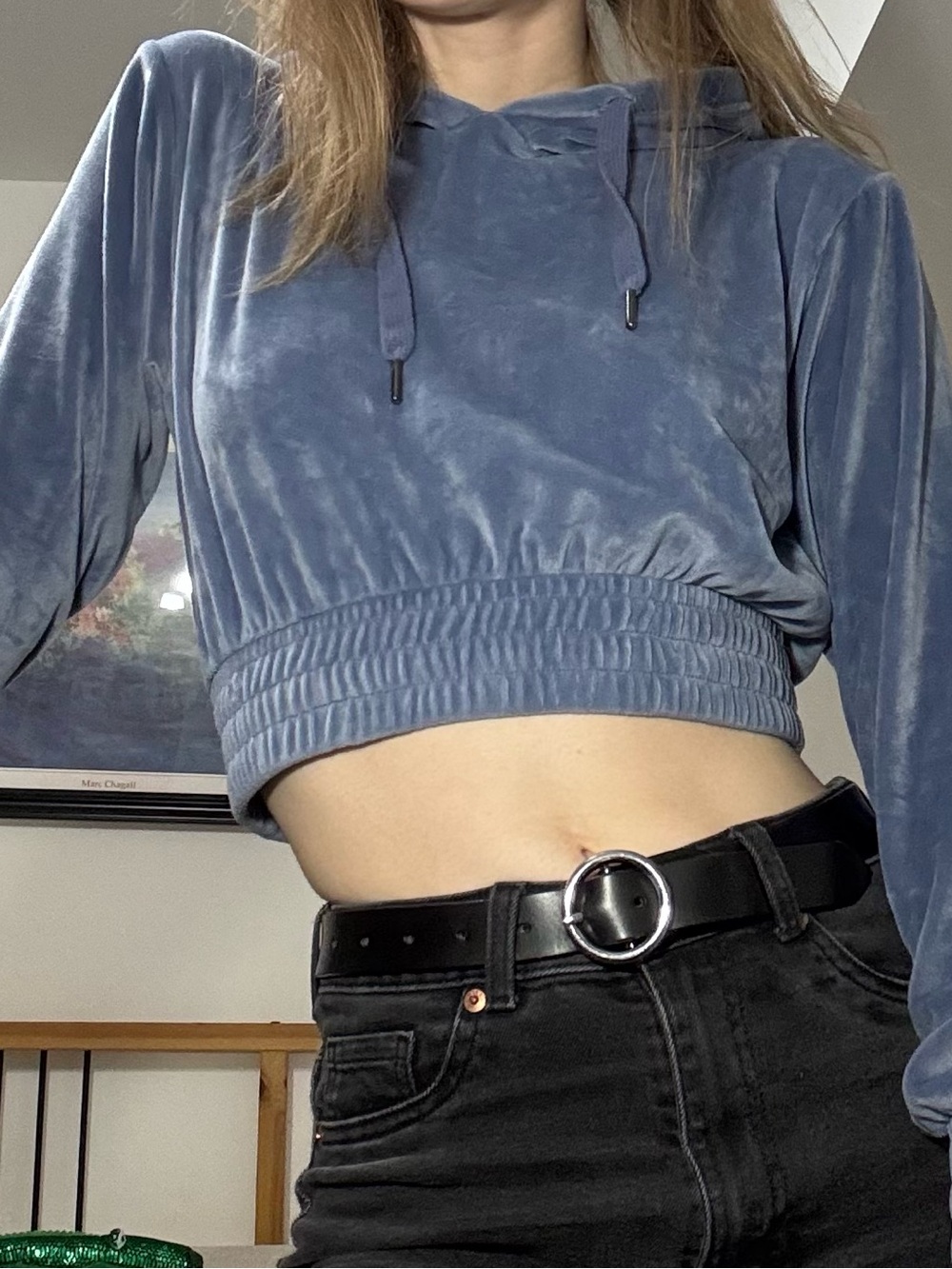 Cropped Velvet Hoodie - Blue Revamped top woman women XS-S